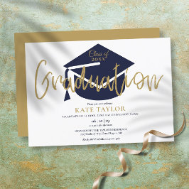 Eenvoudige Navy Blauwe En Gouden Script Afstudeerf Kaart