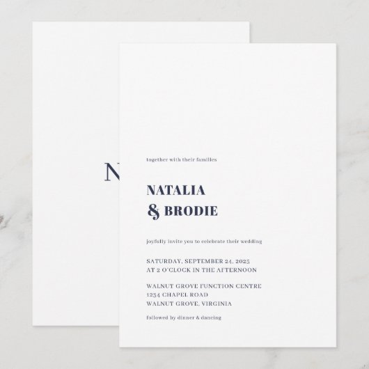 Eenvoudige NAVY BLAUWE en Witte Trouw Uitnodiging (Voorkant / Achterkant)