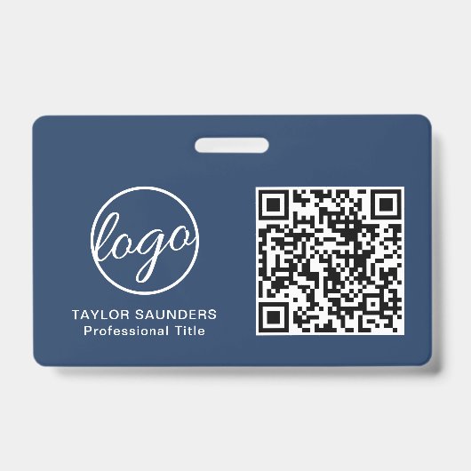 Eenvoudige Navy Blauwe QR Code Personeels ID Badge (Voorzijde)