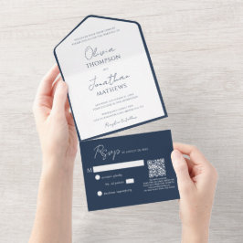 Eenvoudige Navy Blauwe Rand Script QR Code Trouwen All In One Uitnodiging