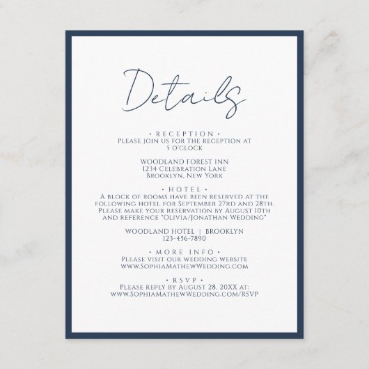 Eenvoudige Navy Blauwe Rand Script Trouwdetails Informatiekaartje (Voorkant)