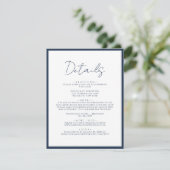 Eenvoudige Navy Blauwe Rand Script Trouwdetails Informatiekaartje (Staand voorkant)