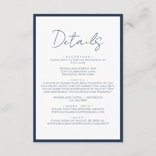 Eenvoudige Navy Blauwe Script Trouwdetails Informatiekaartje (Voorkant)