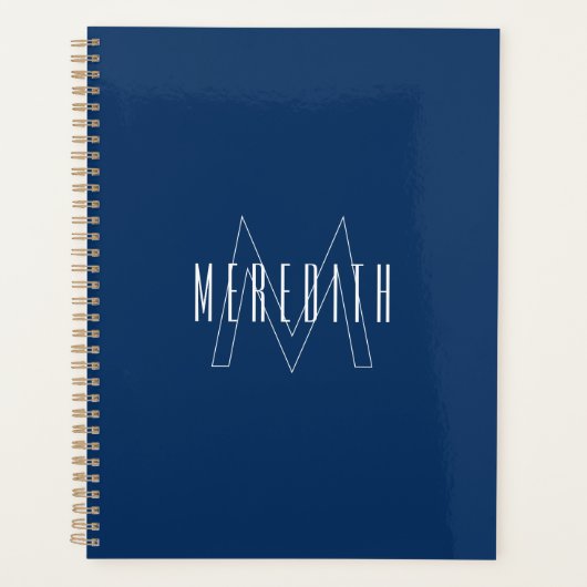 Eenvoudige Navy Blauwe Witte Monogram Naam Planner (Voorkant)