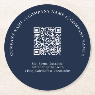 Eenvoudige Navy Blue Business Logo QR Code Promoti Ronde Kartonnen Onderzetter