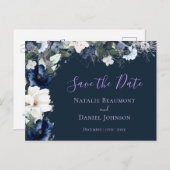 Eenvoudige Navy Blue Floral Save the Date Uitnodiging Briefkaart (Voorkant / Achterkant)