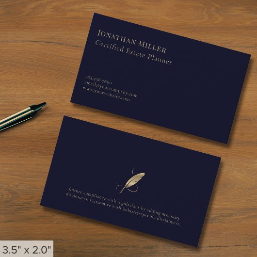 Eenvoudige Navy Blue Gold Quill Visitekaartje