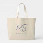 Eenvoudige Navy Blue Minimalist 2 Monogram naam Grote Tote Bag (Achterkant)