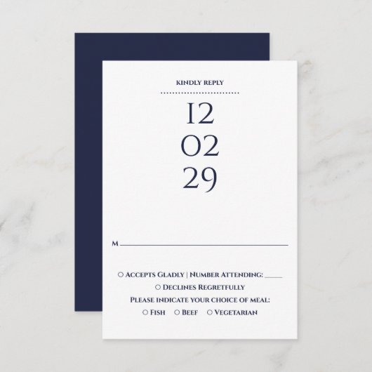 Eenvoudige Navy Blue Speciale Datum Trouwdag RSVP Kaartje (Voorkant / Achterkant)