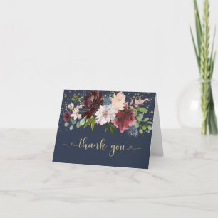 Eenvoudige Navy Gold Bourgogne Floral Baby Dank u Kaart