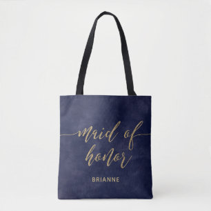 Eenvoudige Navy Waterverf & Gold Foil Maid of Hono Tote Bag