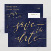 Eenvoudige Navy Waterverf Gouden Bruiloft Save the Aankondigingskaart (Voorkant / Achterkant)