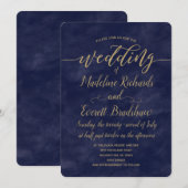 Eenvoudige Navy Waterverf & gouden bruiloft uitnod Kaart (Voorkant / Achterkant)