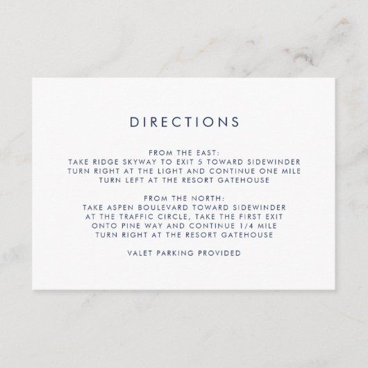 Eenvoudige Navy & White Routebeschrijving Informatiekaartje (Voorkant)