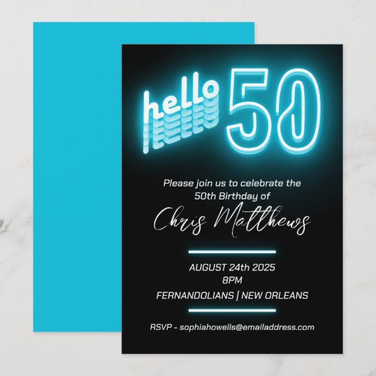 Eenvoudige Neon Blue 50e verjaardag Kaart (Voorkant / Achterkant)
