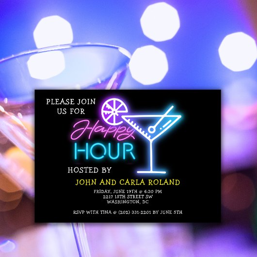 Eenvoudige Neon Martini Happy Hour Uitnodigen Kaart
