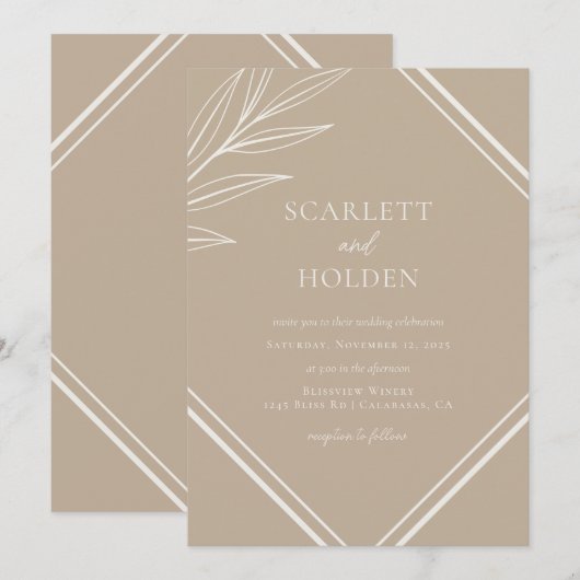 Eenvoudige Neutrale en Cream Leaf Bruiloft Kaart (Voorkant / Achterkant)