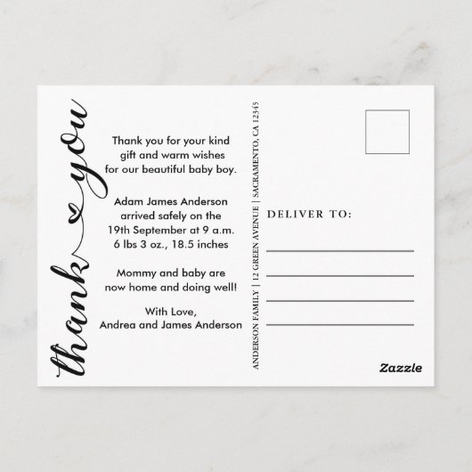 Eenvoudige Nieuwe Baby Aankondiging Dank u Briefkaart (Achterkant)