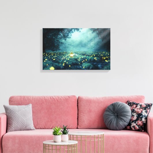 Eenvoudige Night Forest Glowworm Lantaarn Canvas P Afdruk (Insitu (Woonkamer))