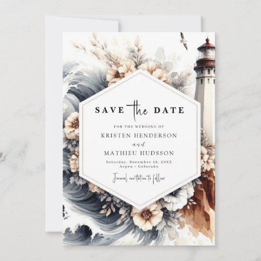Eenvoudige Ocean Chic Lighthouse bruiloft Save The Date (Voorkant)