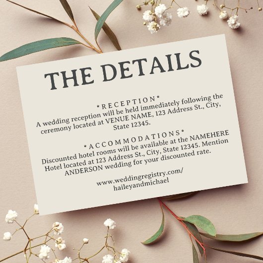 Eenvoudige off witte retro bruiloft details informatiekaartje