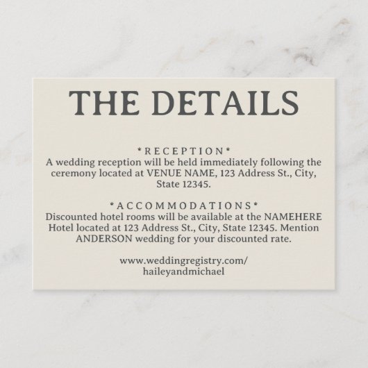 Eenvoudige off witte retro bruiloft details informatiekaartje (Voorkant)
