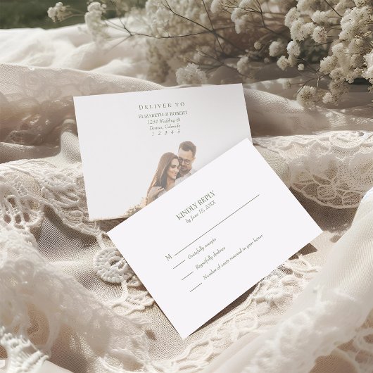 Eenvoudige Olijfgroen Custom Foto Wedding RSVP Kaa Bedankkaart