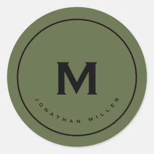Eenvoudige olijfgroene klassieke monogram ronde sticker