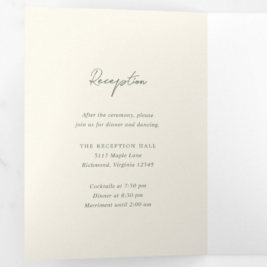 Eenvoudige olijfgroene moderne bruiloft drieluik uitnodiging (Binnenzijde eerst)