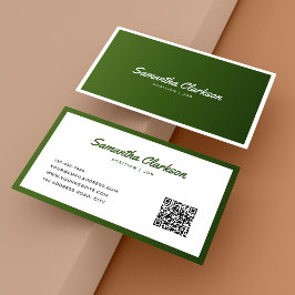 Eenvoudige Olive Green Border Script QR Code Visitekaartje