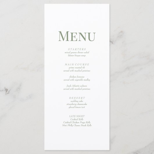 Eenvoudige Olive Green Monogram Wedding Menu Kaart (Voorkant)