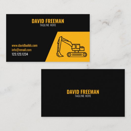 Eenvoudige opbouw van gele en zwarte excavator visitekaartje (Voorkant / Achterkant)
