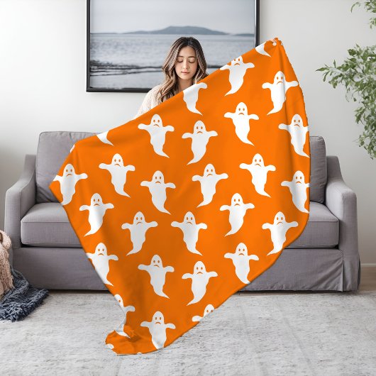 Eenvoudige Oranje en Witte Geesten Halloween Sherpa Deken
