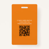 Eenvoudige Oranje Gebeurtenis Vrijwilliger QR Code Badge (Achterkant)