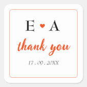 Eenvoudige Oranje hart Naam Initiaal Dank u bruilo Vierkante Sticker (Voorkant)