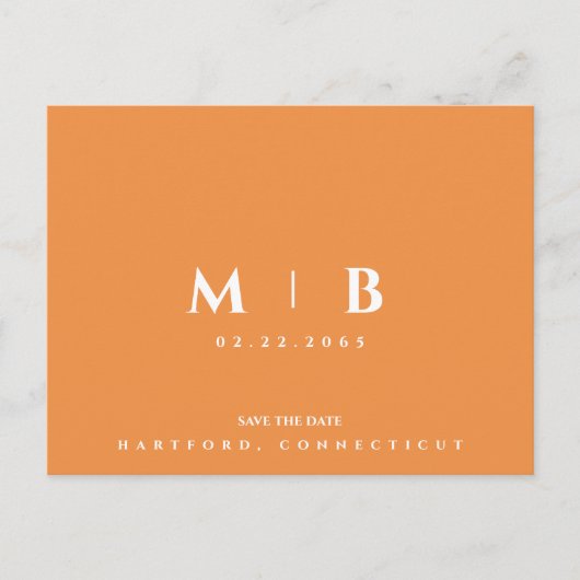 Eenvoudige Oranje Monogram Bruiloft Save the Date Briefkaart (Voorkant)