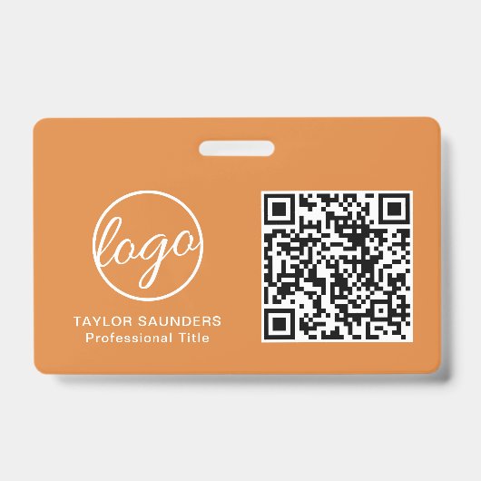 Eenvoudige Oranje QR-code Personeels-ID Badge (Voorzijde)
