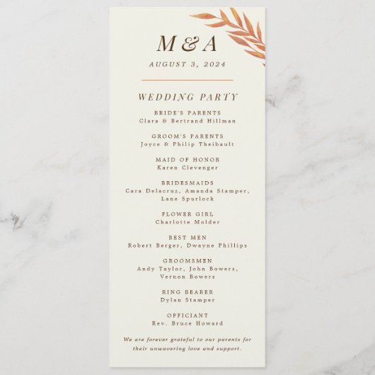 Eenvoudige Oranje tak van het Val Wedding Programmakaart (Achterkant)