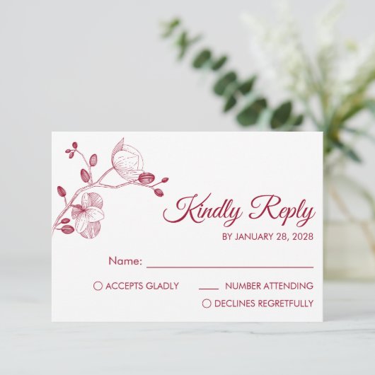 Eenvoudige orchideeën rode, moderne bloemelegant RSVP kaartje (Staand voorkant)