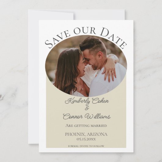 Eenvoudige ovale foto Opslaan datum | Beige Save The Date (Voorkant)