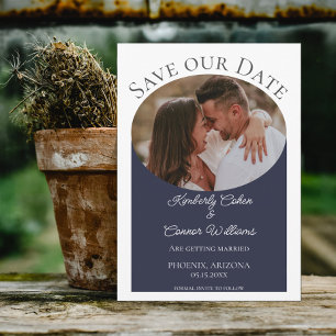 Eenvoudige ovale foto Opslaan datum Navy Blue Save The Date