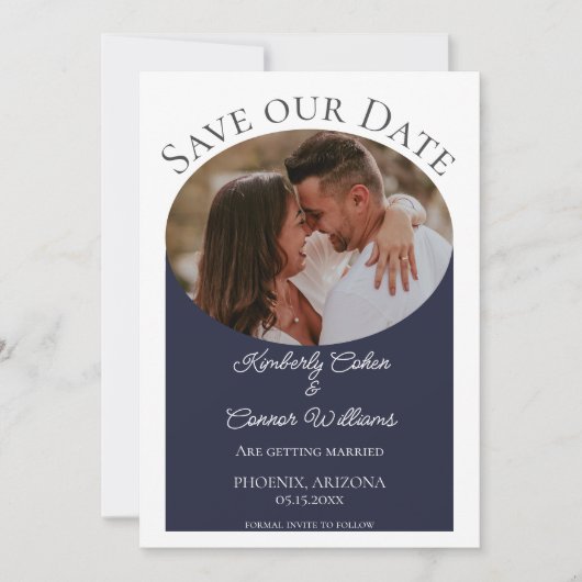 Eenvoudige ovale foto Opslaan datum | Navy Blue Save The Date (Voorkant)