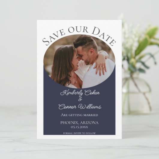 Eenvoudige ovale foto Opslaan datum | Navy Blue Save The Date (Staand voorkant)