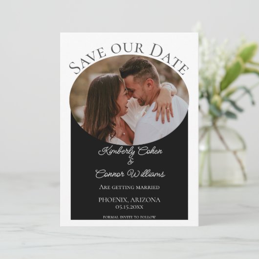 Eenvoudige ovale foto Opslaan datum | Zwart Save The Date (Staand voorkant)