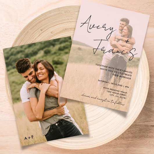 Eenvoudige overlay moderne foto bruiloft uitnodigi kaart