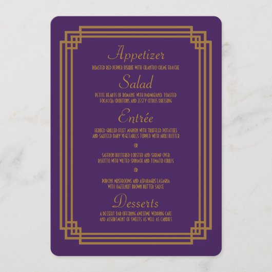 Eenvoudige Paarse Art Deco Bruiloft Menu (Voorkant)