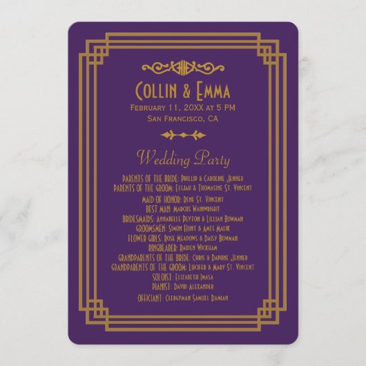 Eenvoudige Paarse Art Deco Trouwprogramma's Programmakaart (Voorkant)
