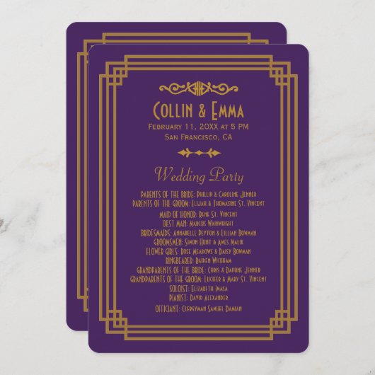 Eenvoudige Paarse Art Deco Trouwprogramma's Programmakaart (Voorkant / Achterkant)