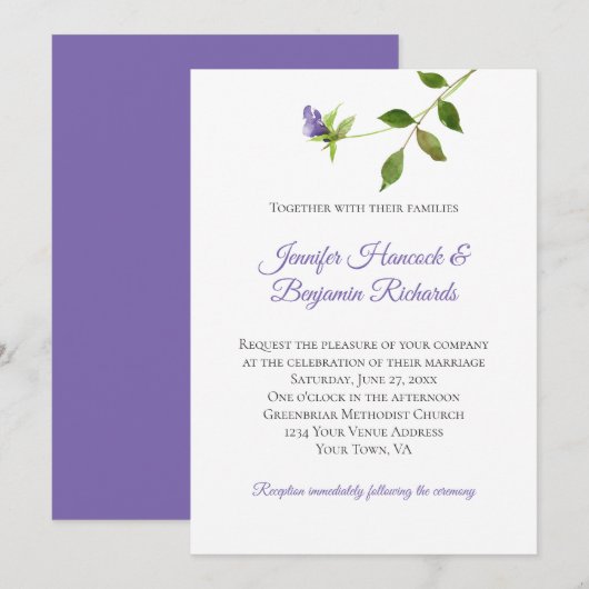 Eenvoudige Paarse bloesem Groene Blad Stem Bruilof Kaart (Voorkant / Achterkant)