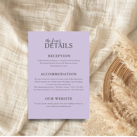 Eenvoudige Paarse bruiloft details Informatiekaartje